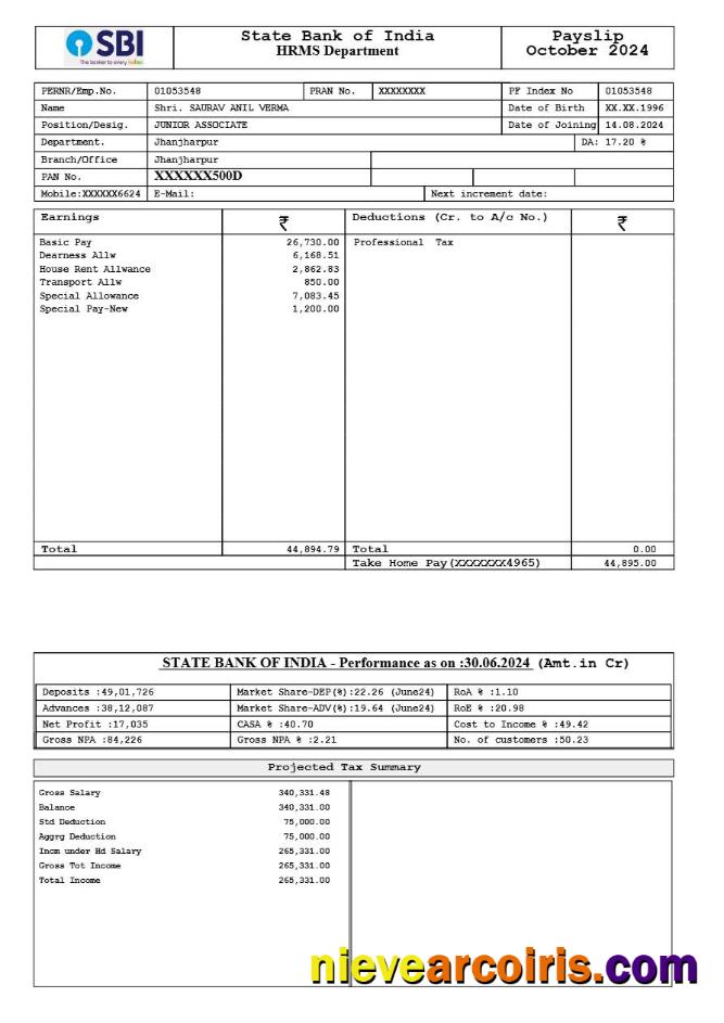 State Bank of India payslip